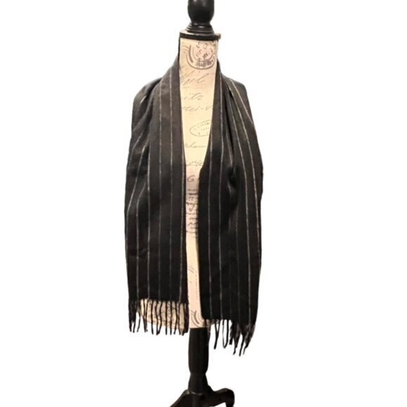 Striped Winter Scarf Cashmere Soft Feel Black Grey Fringe Men Women NWT GIFT - Picture 7 of 9
